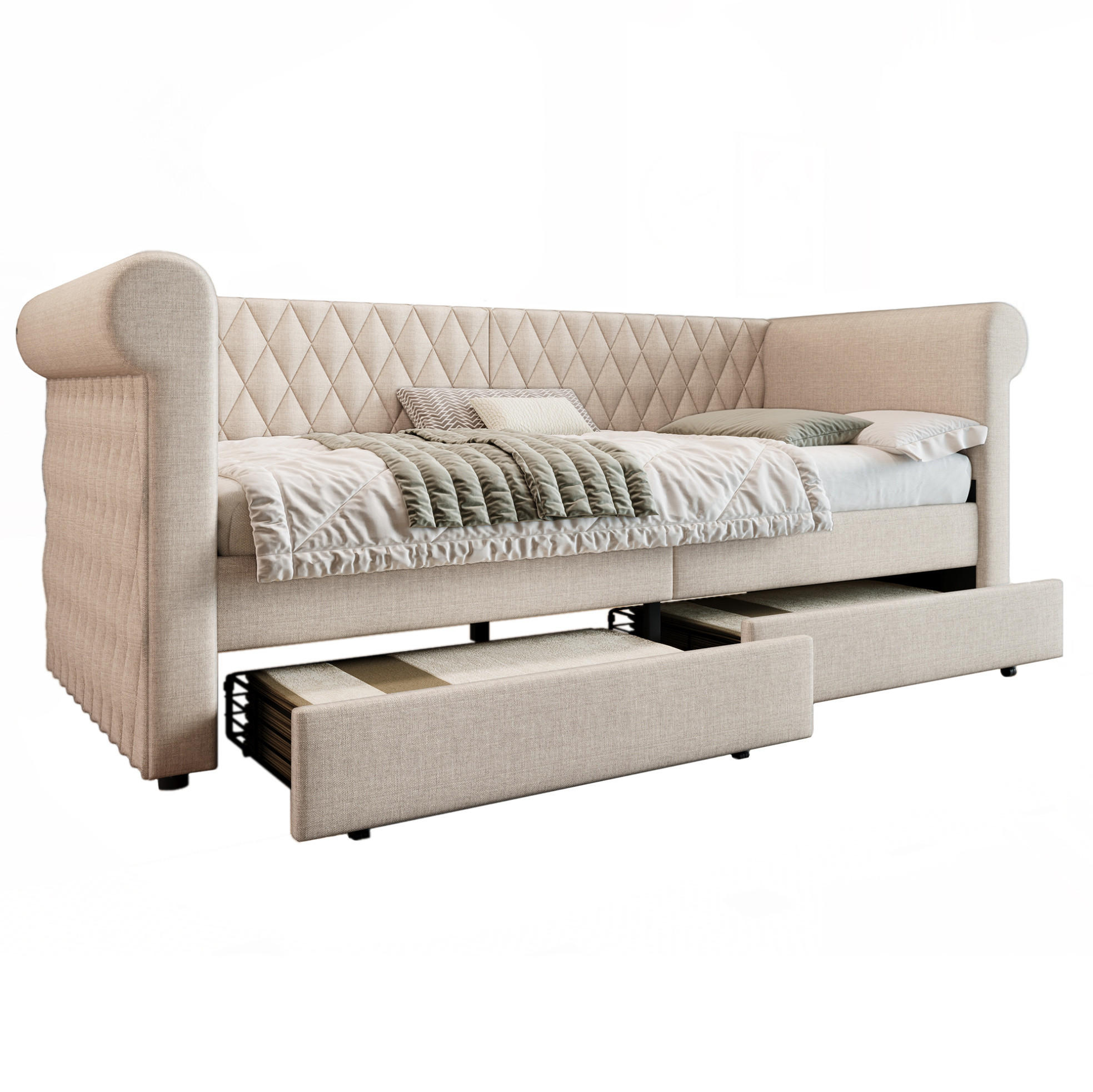 POLSTERBETT 90/200 cm aus Leinen mit 2 Schubladen, Beige - Beige, Textil (90/200cm) - Flora Grace
