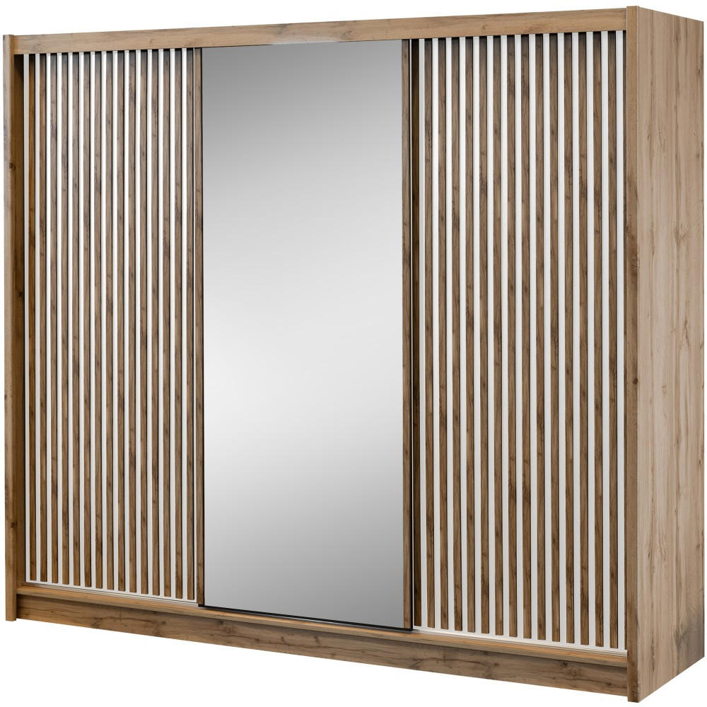 SCHWEBETÜRENSCHRANK Leroy mit Spiegel und Lamellen, 250 cm, Weiß+eiche Wotan - Eiche Wotan/Weiß, Holzwerkstoff (250/215/60.5cm) - Beautysofa