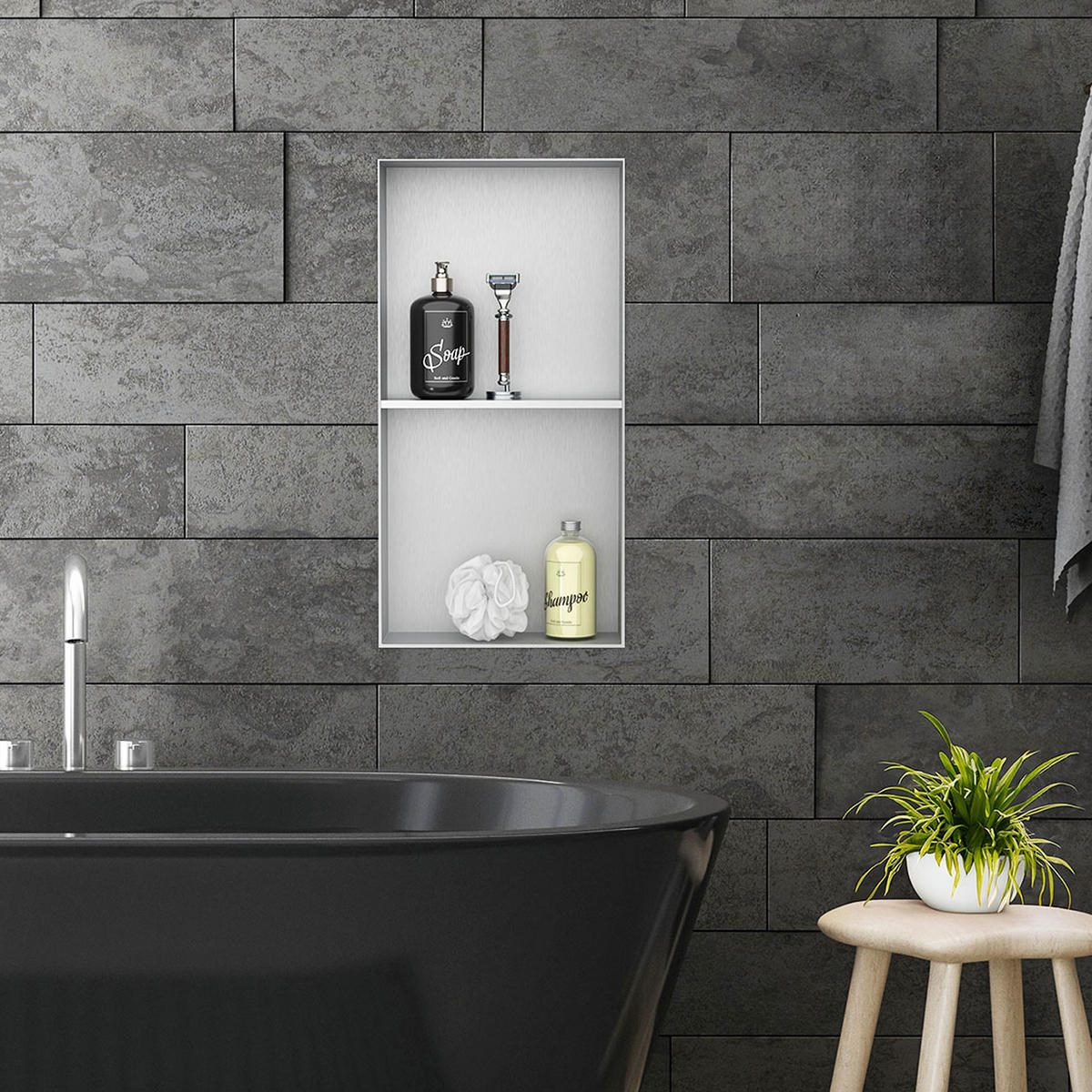 DUSCHNISCHE Doppel Silber 30/60 cm randlos - Silberfarben, Metall (30/60/10cm) - LuxeBath