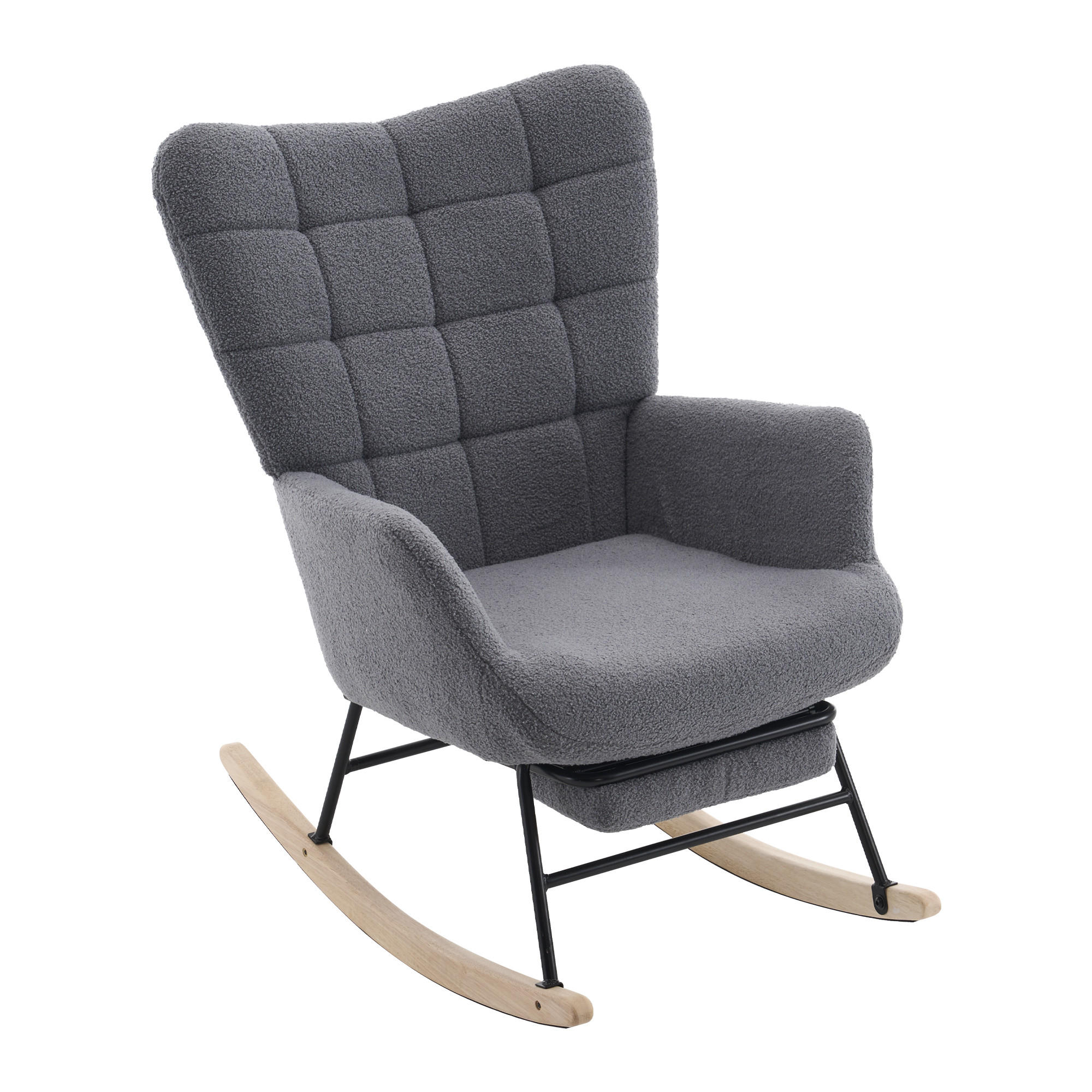 SCHAUKELSTUHL in Grau mit weichem Sherpa-Bezug und ausziehbarer Fußstütze - Naturfarben/Grau, Holz/Textil (68/91/88cm) - CHICFURN