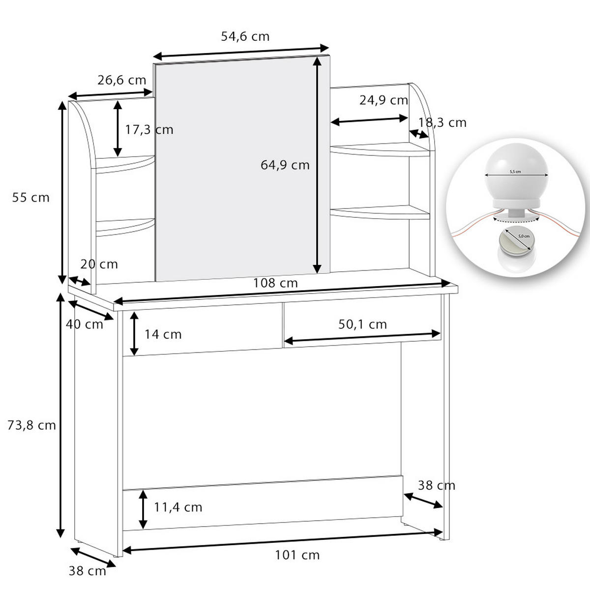 SCHMINKTISCH Charlotte Weiß 108 cm mit LED Beleuchtung - Weiß, Holzwerkstoff (108/139/40cm) - Vicco