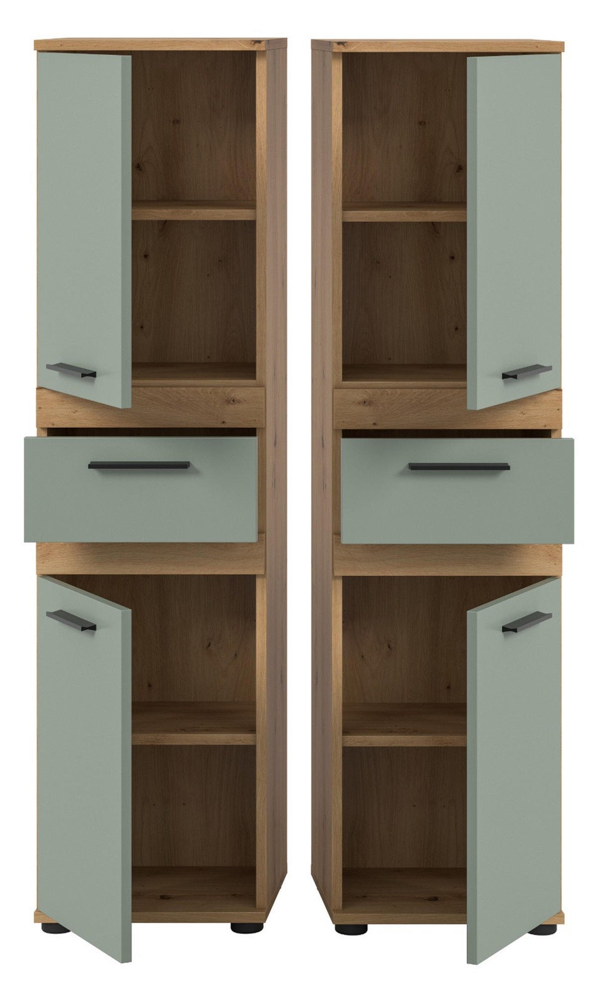 MIDISCHRANK Salbei, Artisan Eiche 35 x 137 cm, Badschrank in modernem Design - Salbeigrün/Schwarz, Holzwerkstoff/Kunststoff (35/137/31cm) - Inn.Furn