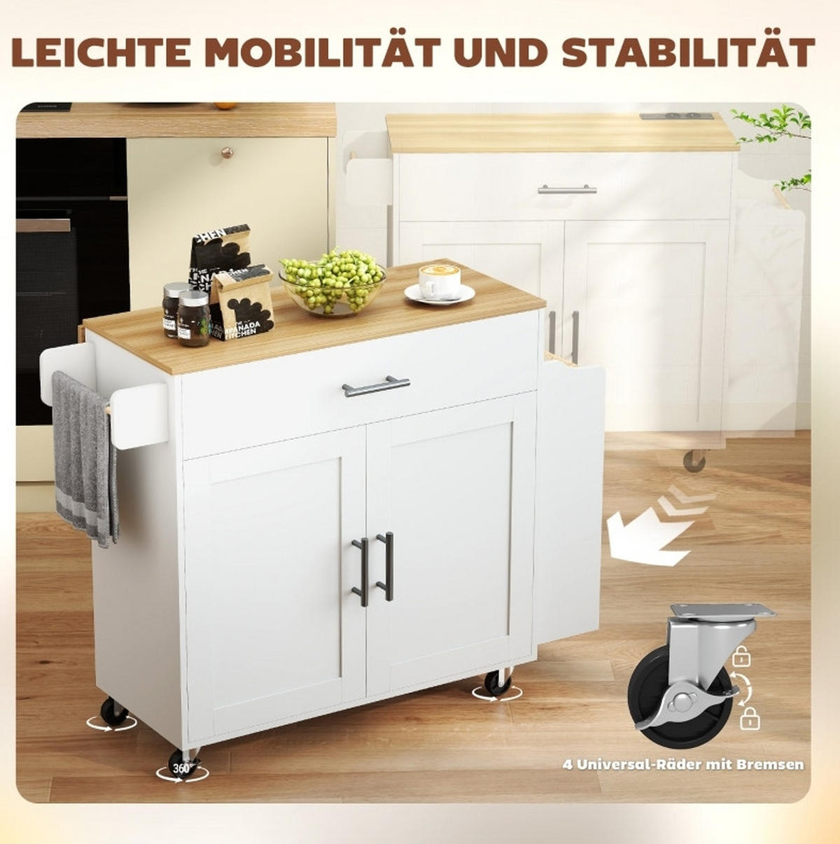 KÜCHENINSEL faltbar 120x68x85cm Weiß mit erweiterbarer Platte & Schublad - Weiß, Holz (120/85/68cm) - Modfu