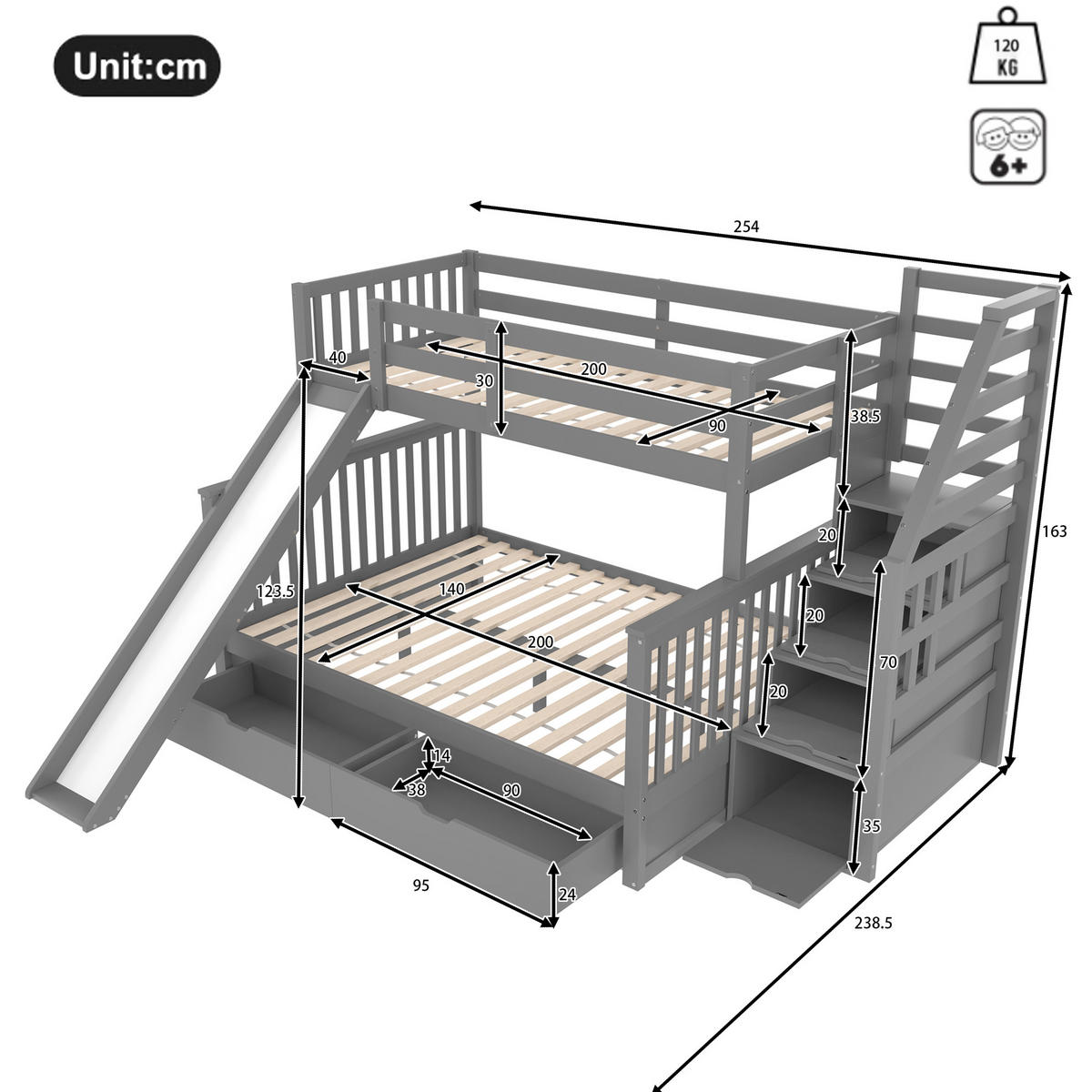ETAGENBETT aus Kiefer 90x200/140x200 cm Grau mit Rutsche, Treppe und Schubladen - Grau, Holz (90/200cm) - Modfu