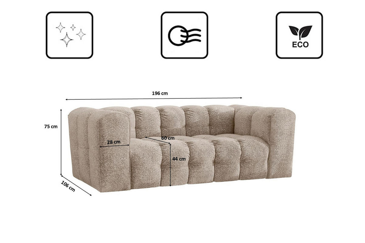 SOFA 2-Sitzer, Komfort, BALOO, stoff Schenille & Bouclé, Beige - Beige, Holz (196/75/106cm) - Kaiser Möbel