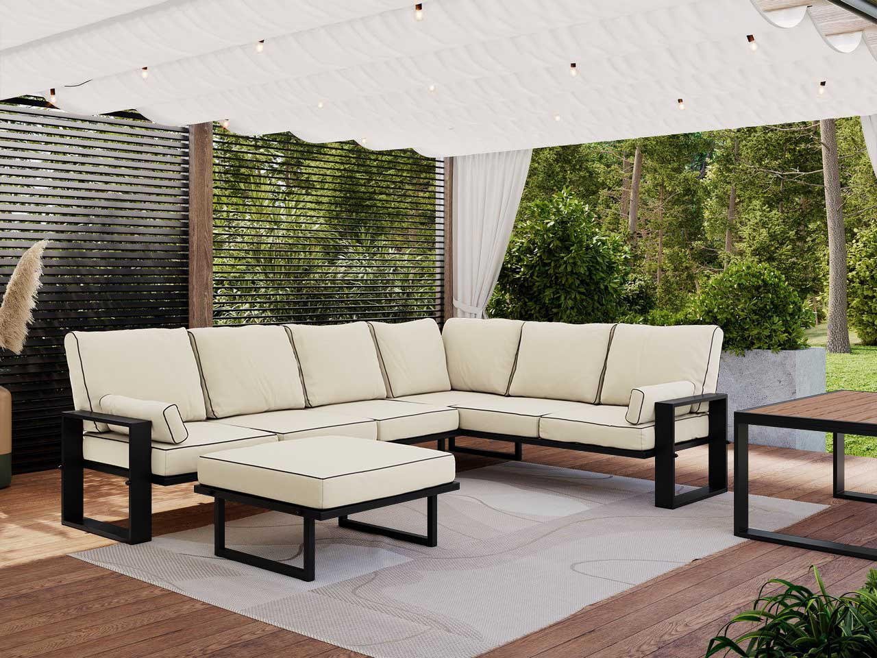 GARTENMÖBEL-SET ELBA:  1x Tisch, 1x Ecksofa, 1x Hocker - Beige - Beige, Textil - MKS