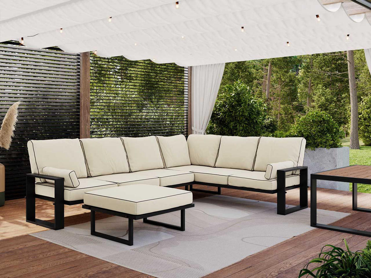 GARTENMÖBEL-SET ELBA:  1x Tisch, 1x Ecksofa, 1x Hocker - Beige - Beige, Textil - MKS