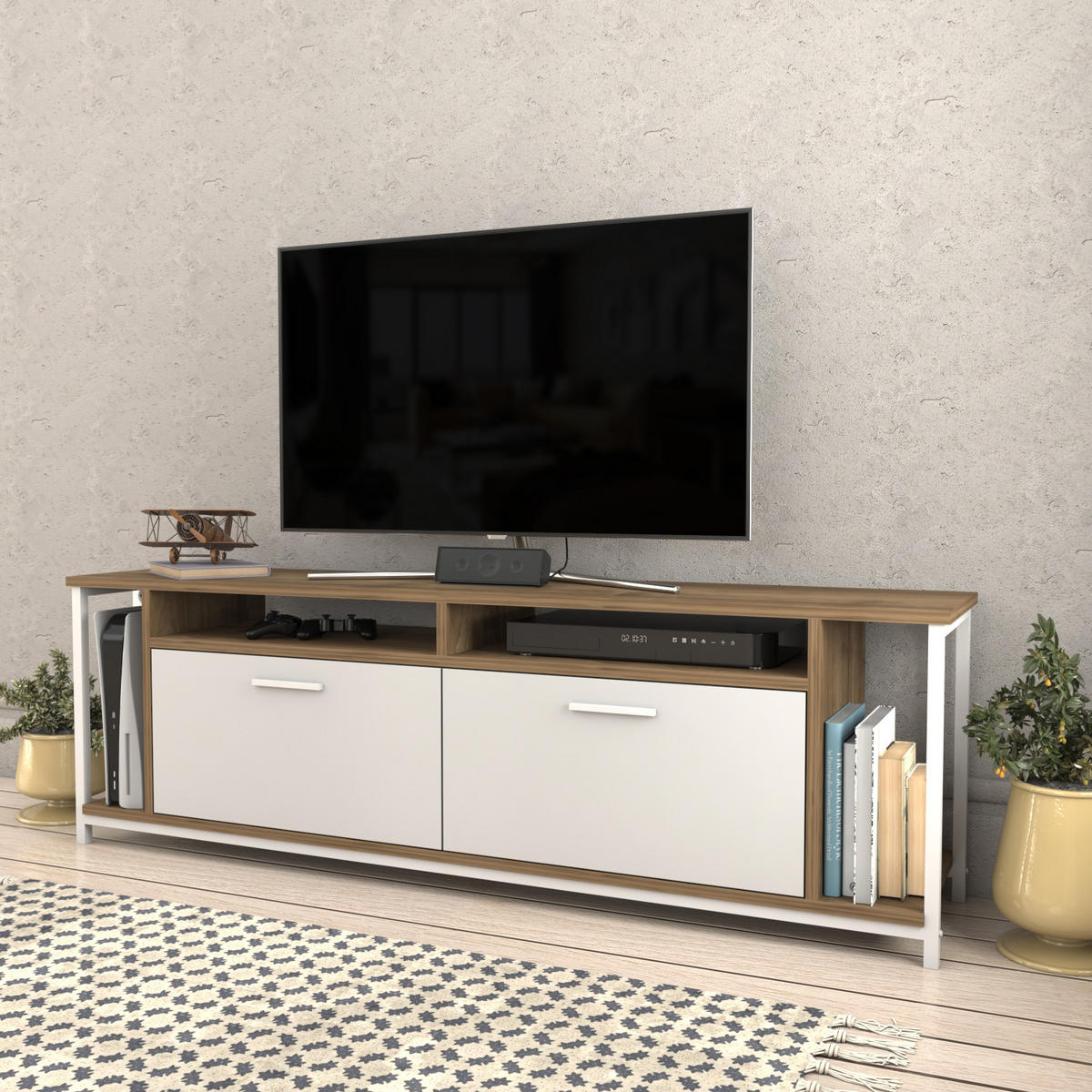 TV-ELEMENT Omar Walnuss Weiß - Walnussfarben/Weiß, Holzwerkstoff (35/50.8/160cm) - Decorotika