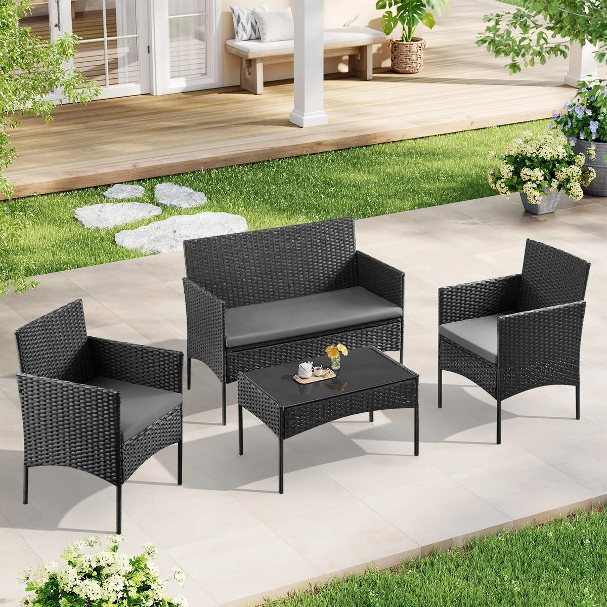 GARTEN LOUNGESET RattanStyle Schwarz 4-teilig mit Kissen - Schwarz, Metall - Kaket