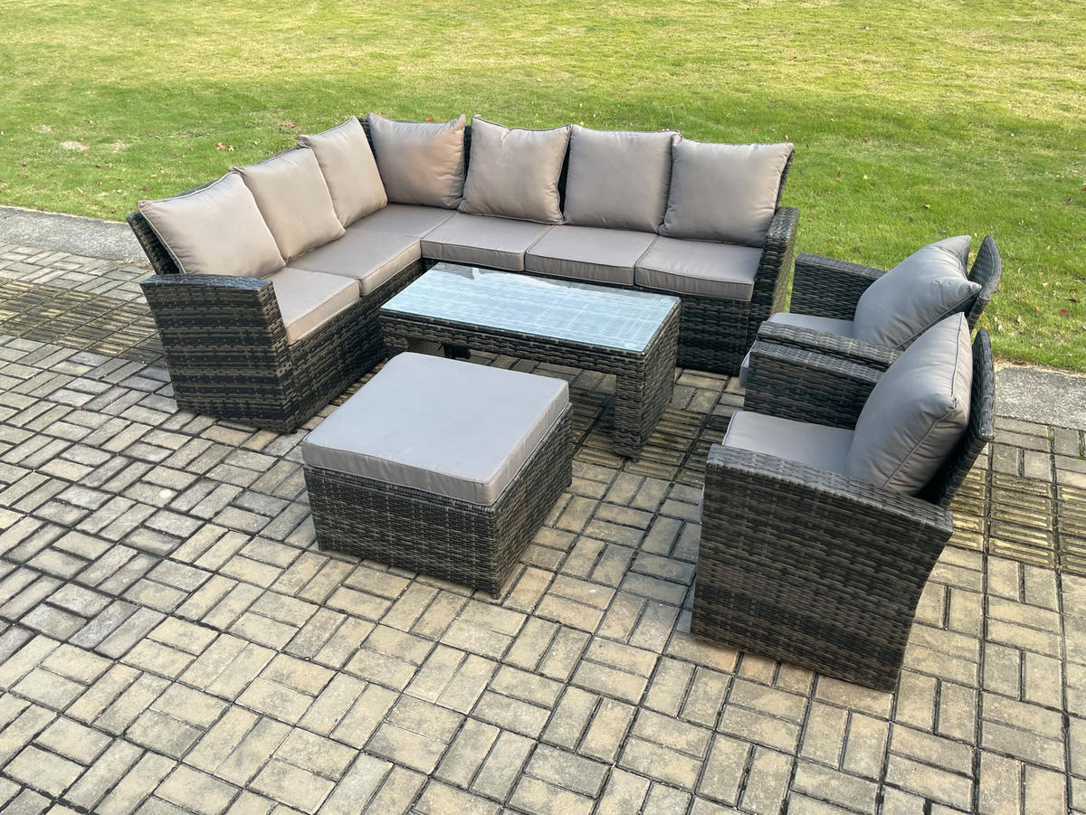 GARTENLOUNGE mit Ecksofa Polyrattan Dunkelgrau 9-Sitzer - Dunkelgrau/Grau, Glas/Kunststoff - Fimous