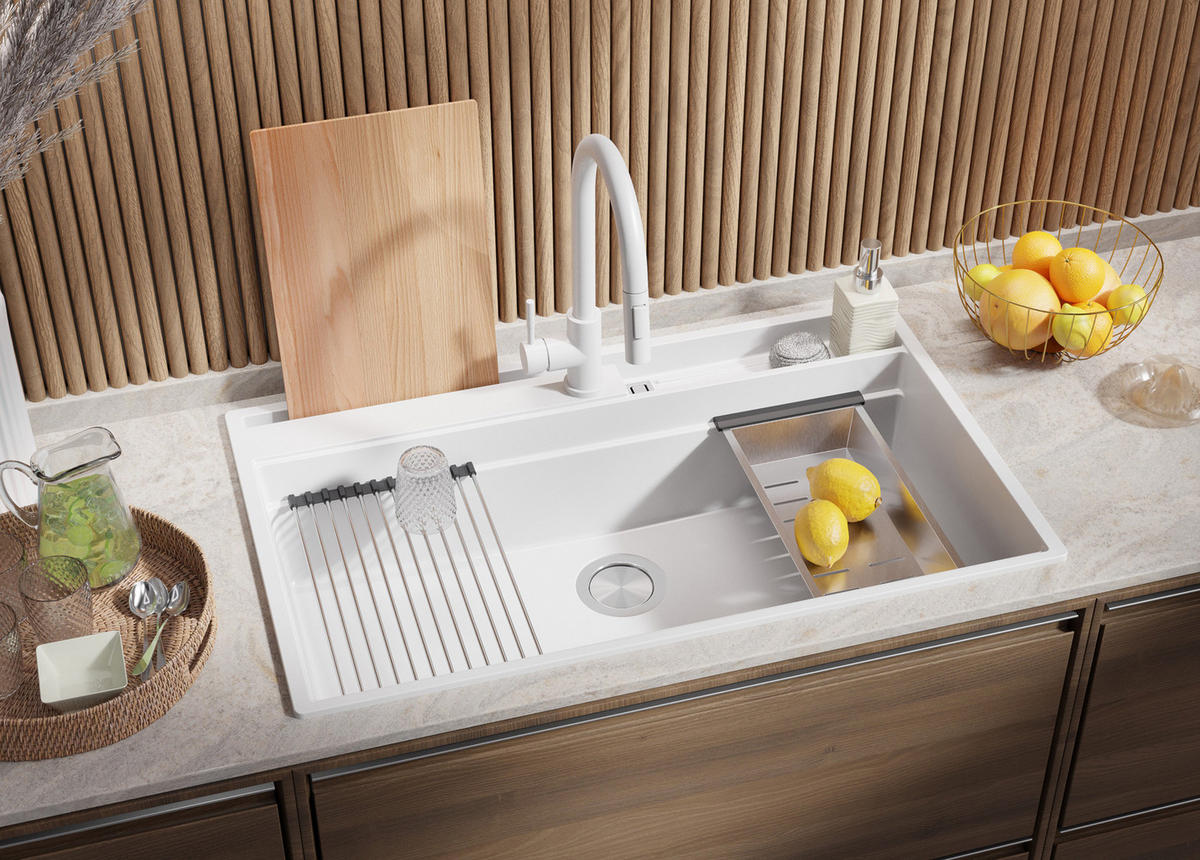 GRANITSPÜLE Oslo Pocket, 2-er set Weiß 88/53 cm 1 Becken + Küchenarmatur 40/20 cm + Ablauf-Set + Küchenzubehörset ab 90er Unterschrank - Chromfarben/Beige, Kunststoff (88/20/53cm) - Primagran