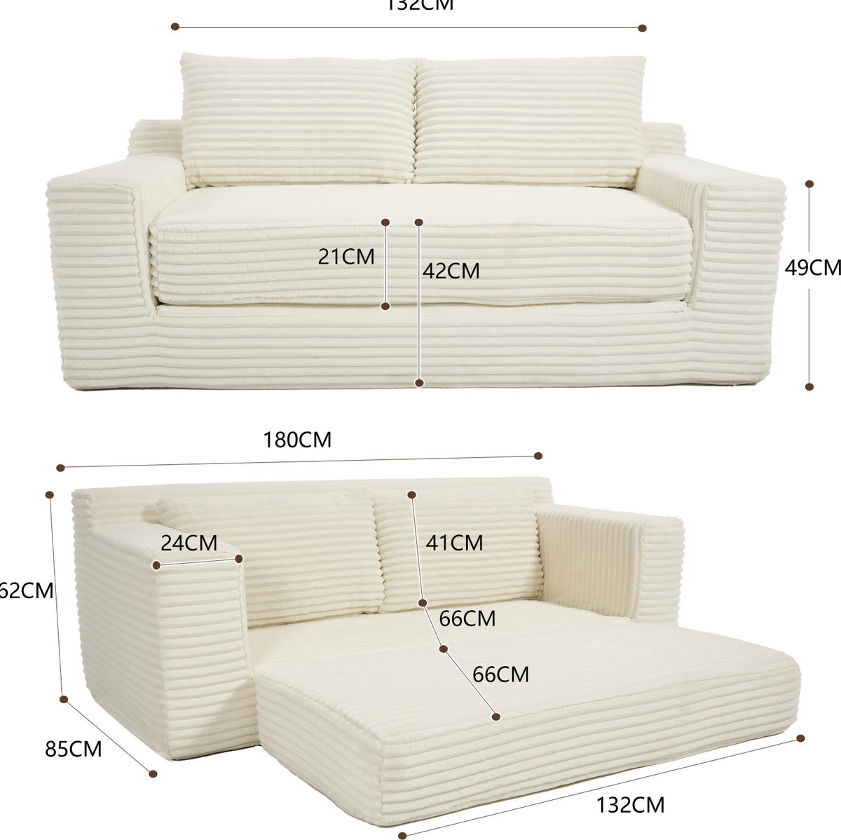 SCHLAFSOFA 2-in-1 kompakt Cordstoff White - Weiß, Holzwerkstoff (85/62/180cm) - Meubliv