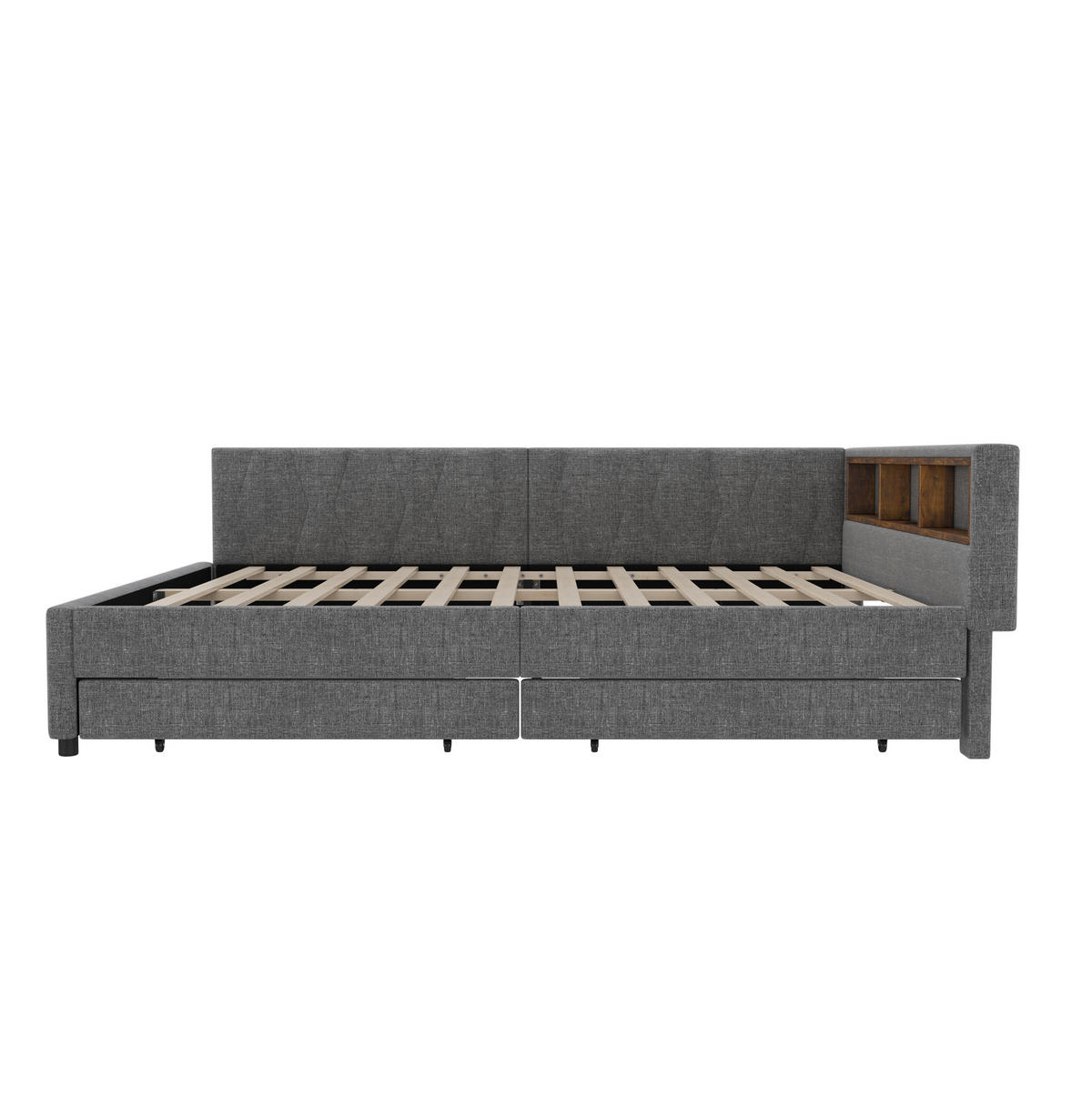POLSTERBETT 140/200 cm aus Leinen und MDF mit LED-Lichtleiste, USB-C und 2 Schubladen Grau - Grau, Textil (140/200cm) - Modenvie
