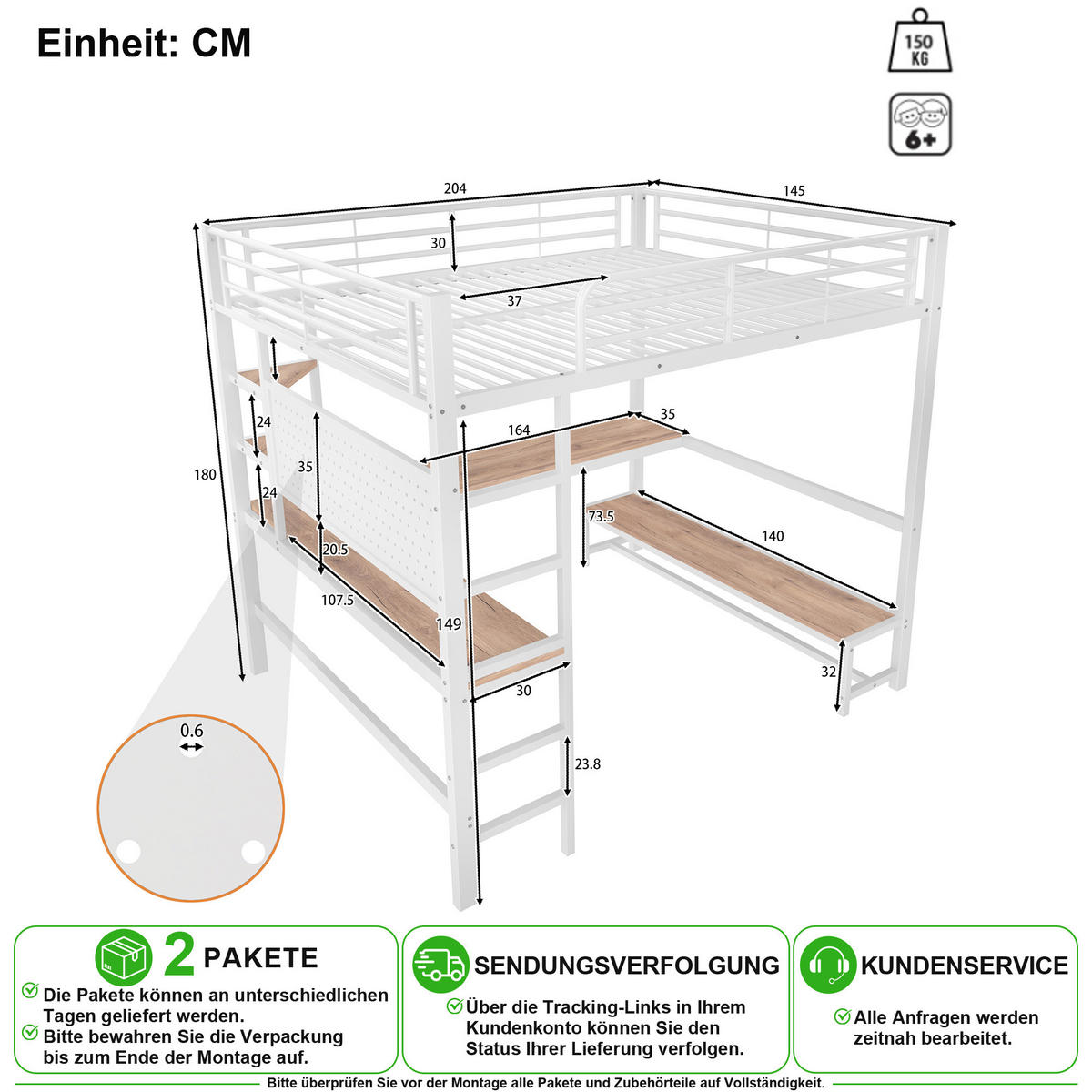 VYVÝŠENÁ POSTEL 140/200 cm v bílé barvě s psacím stolem, LED, USB a Type-C - bílá, kov/kompozitní dřevo (140/200cm) - CHICFURN