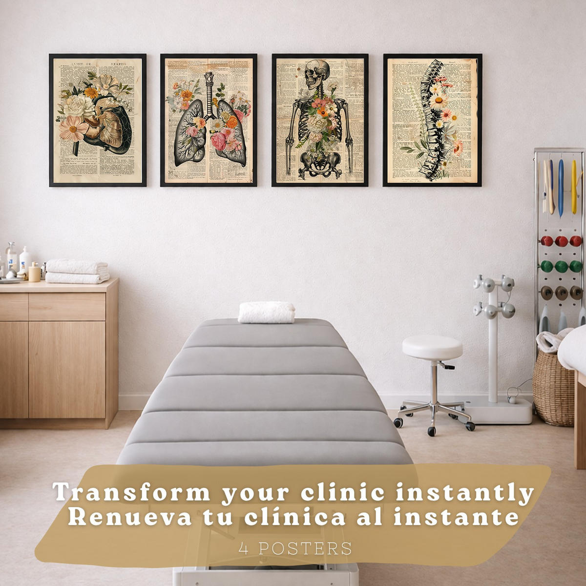 POSTER Set aus 4 Anatomie Drucke und Wandbilder mit Leber Lungen Atmungssystem Skelett Schädel Wirbelsäule Zeitungsstil Größe Schwarzer Rahmen A3 - Schwarz, Papier (29.7/42/3cm) - Nacnic