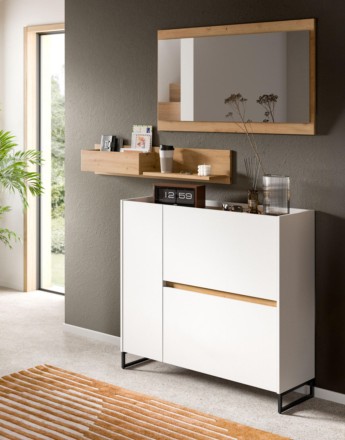 GARDEROBE-SET weiß und Artisan Eiche, Garderobe 3-teilig, 140 x 192 cm, Soft-Close, Borga - Schwarz/Weiß, Holzwerkstoff/Metall (140/192/32cm) - Inn.Furn