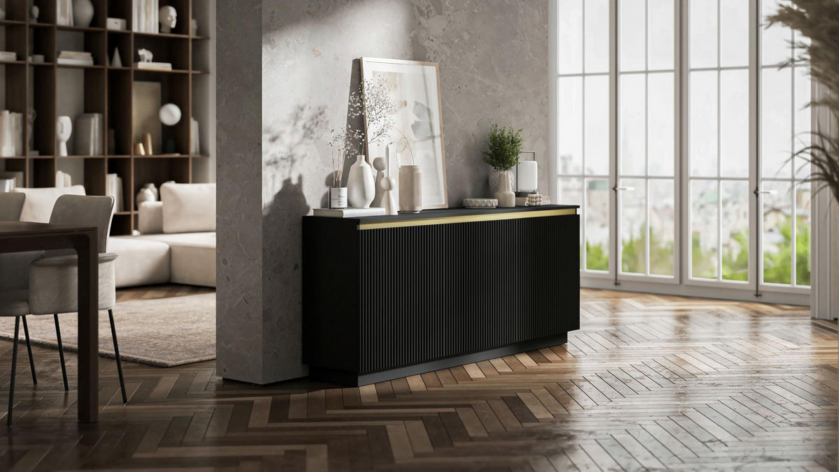 KOMMODE Selene 3D Schwarz Matt Glamour 167 cm - Schwarz, Holzwerkstoff (166.8/71.4/35cm) - Meble Lindner