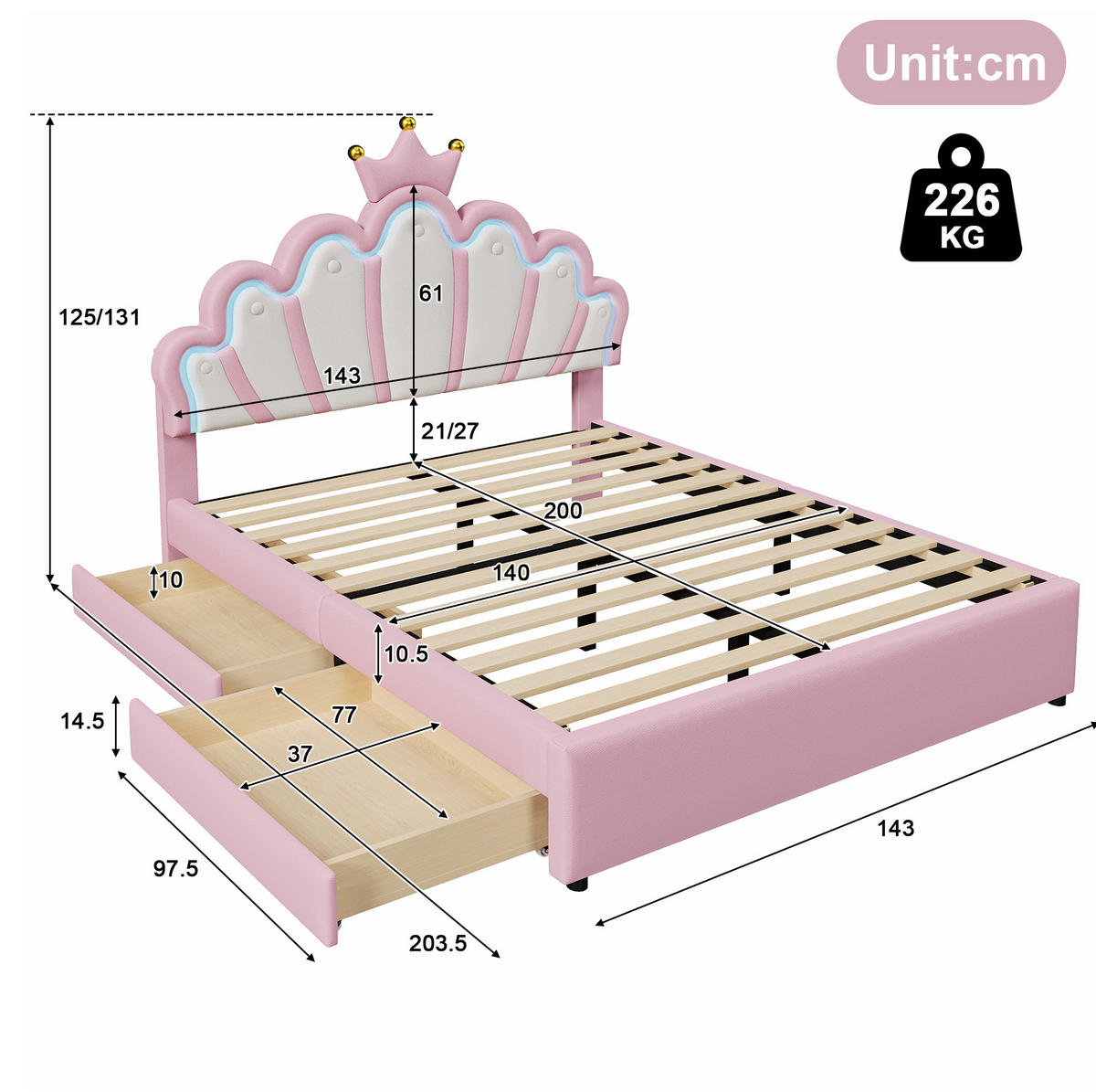 KINDERBETT 140/200 cm aus PU mit verstellbarem Kopfteil, LED-Ambientelicht und 2 Schubladen, Rosa - Rosa, Kunststoff (140/200cm) - Redom