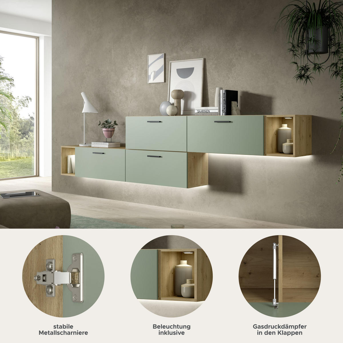 WOHNWAND INKL BELEUCHTUNG The One Smoke Green 276/34/97 cm - Braun, Holzwerkstoff (276/97/34cm) - Xonox