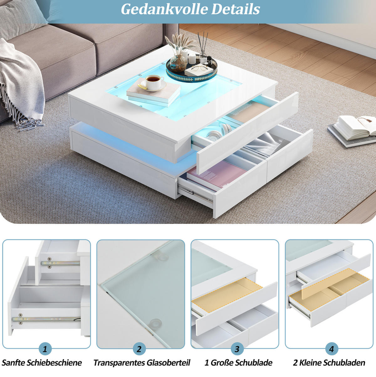 COUCHTISCH 70/70/35 cm in Weiß mit LED-Beleuchtung und 3 Schubladen - Weiß, Holzwerkstoff (70/70/35cm) - Flora Grace