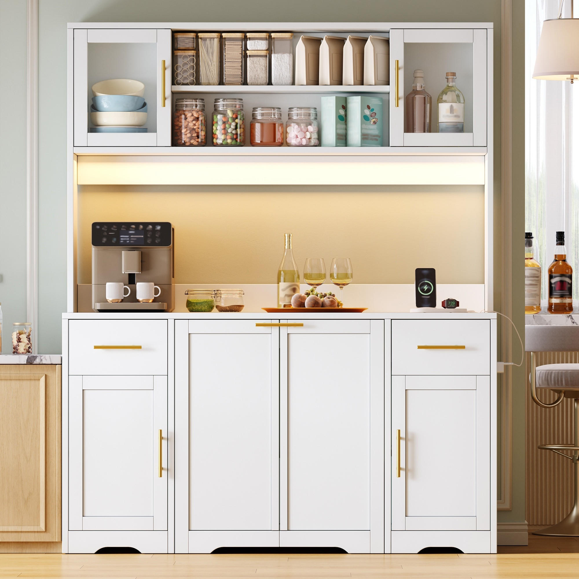 KÜCHENBUFFET 140x40x173 cm, 2 Schubladen, ausziehbarer Müllschrank, LED-Beleuchtung, 2 USB-Anschlüsse, Glastüren, verstellbare Einlegeböden, Weiß - Weiß, Holzwerkstoff (140/173/40cm) - FOHERE