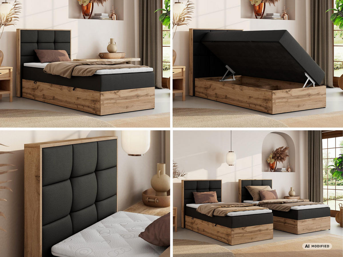 BOXBETT ALBERO 1 90/200 - Schwarz Kunstleder - Topper Visco - H4 - Links - Schwarz, Kunststoff/Textil (90/200cm) - MKS