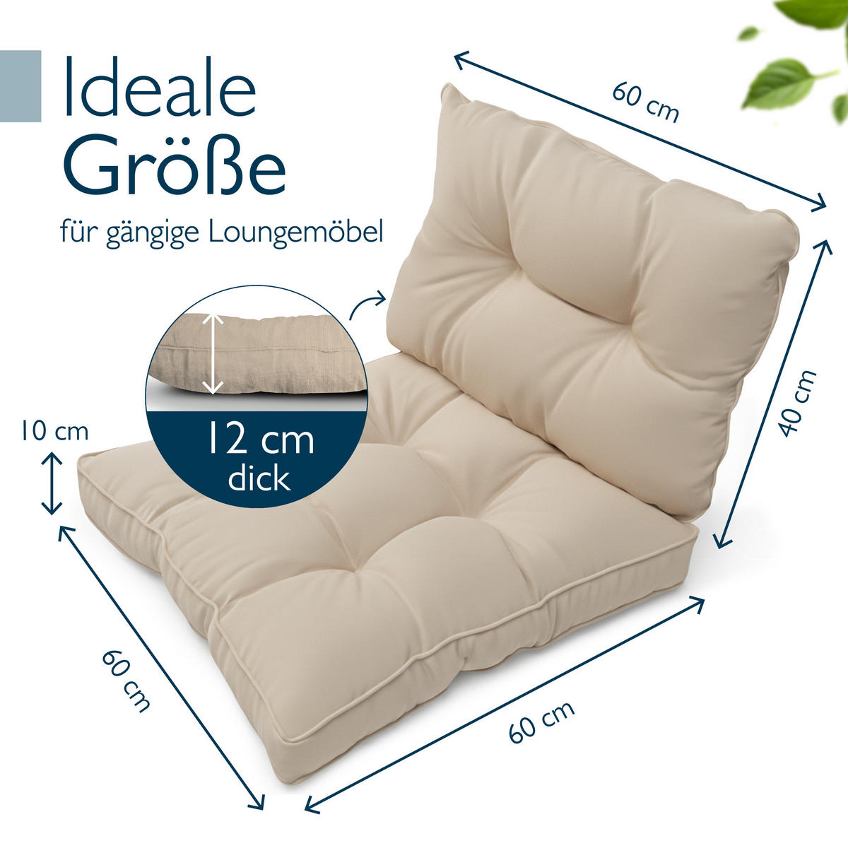 LOUNGEKISSEN Flair Outdoor Sitz 60x60x10cm mit Rücken 60x40x12cm Natur (2tlg) - Naturfarben, Textil (60/60cm) - Beautissu 
