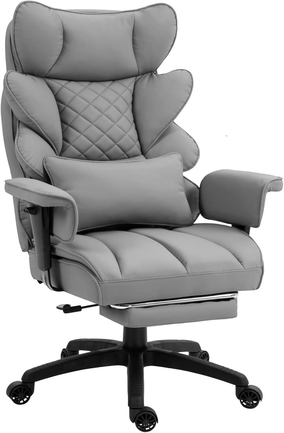 GAMING-STUHL & gefederten Sitzkissen Lendenwirbelstütze und Fußstützen - Grau, Leder (76/121/60cm)