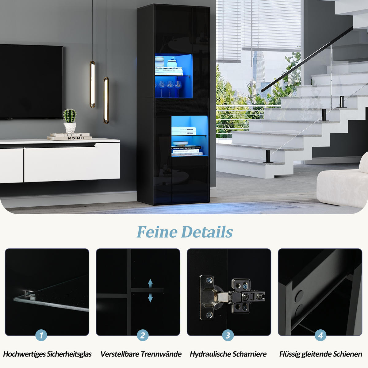 VITRINE aus Spanplatte 55x38x170 cm Schwarz mit LED-Beleuchtung, Hochglanzfront und verstellbaren Einlegeböden - Schwarz, Holzwerkstoff (55/170/38cm) - Modfu