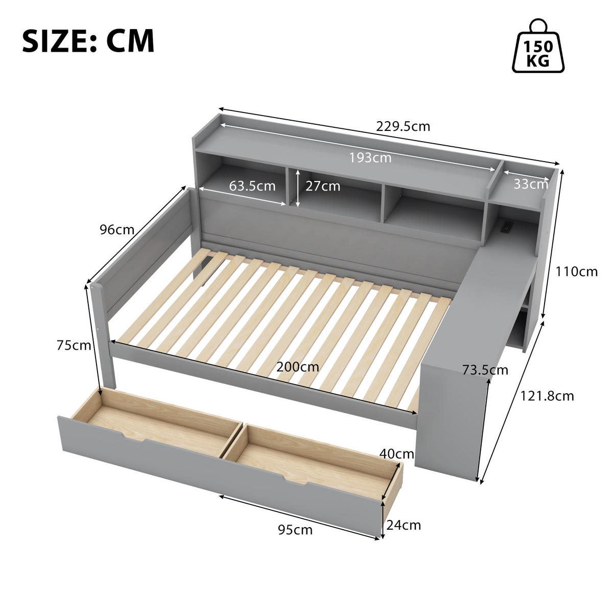 DJEČJI krevet od iverice 90x200 cm sivi s USB priključkom, utičnicom, stolom, 2 ladice i prostorom za odlaganje - siva, drvni materijal (90/200cm) - Modfu