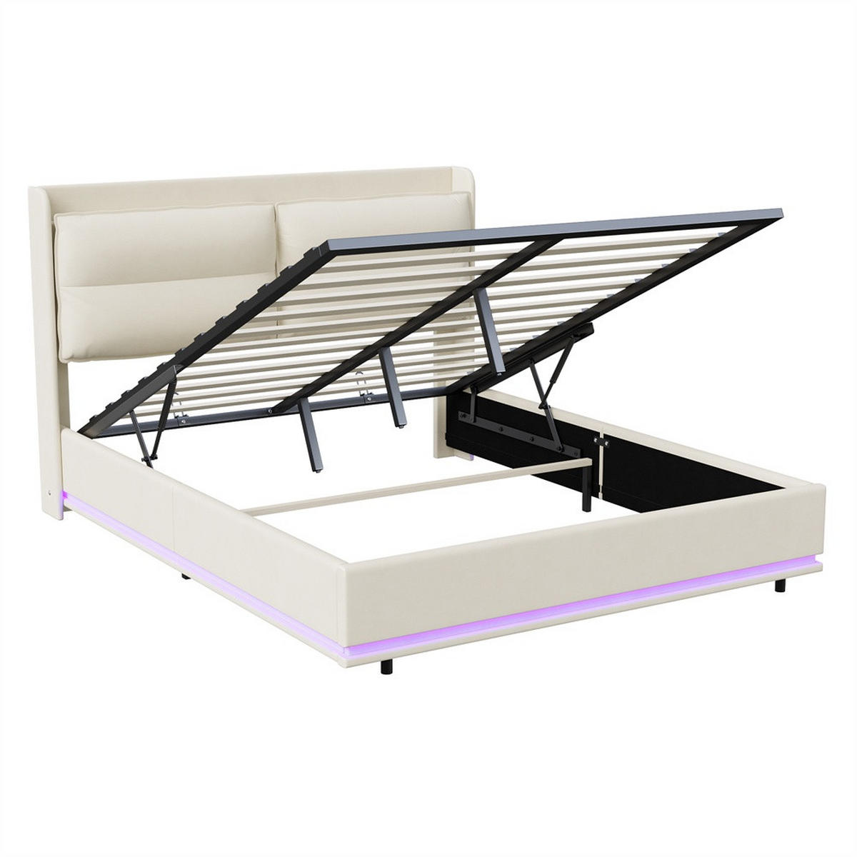 POLSTERBETT 140x200 cm - mit LED & Ladefunktion und hydraulischem Bettkasten - ohne Matratze - Off-White - Creme, Textil (140/200cm) - DELFA