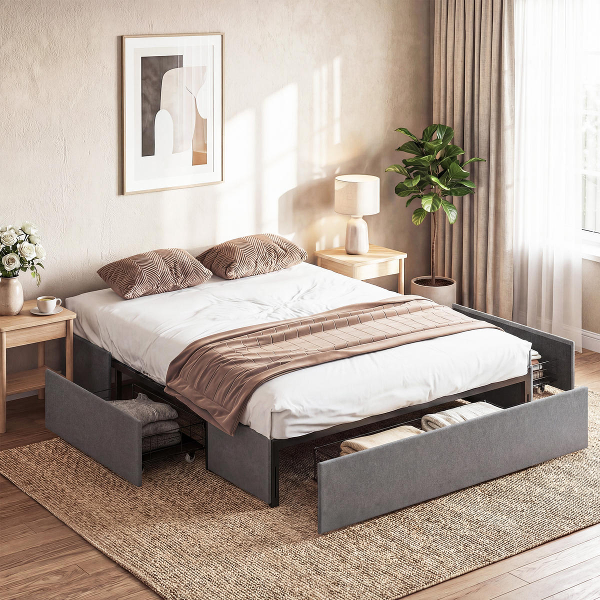 BETT 140x190 cm DE-14668 mit 3 Schubladen Grau - Grau, Metall (140/190cm) - ComfortXL