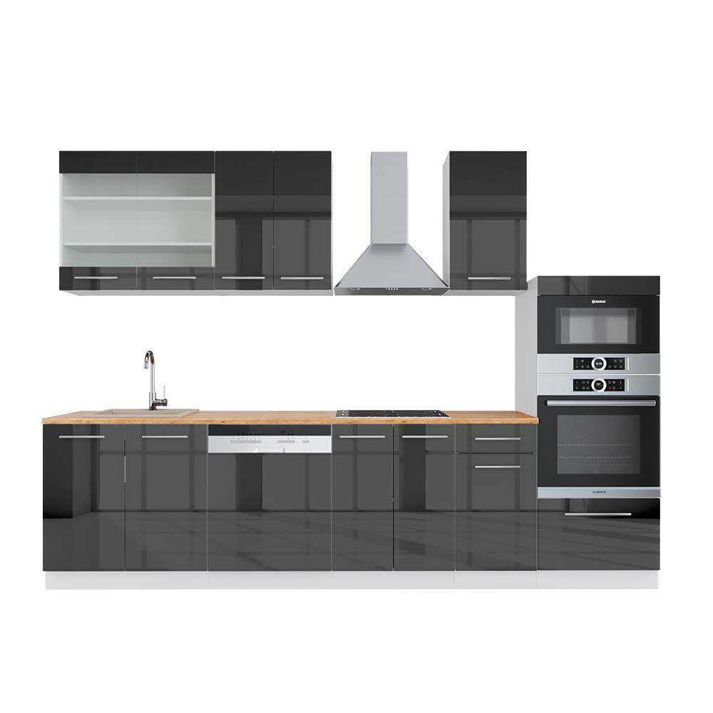 KÜCHENZEILE Fame-Line Anthrazit Hochglanz/Weiß 300 cm mit Hochschrank AP Eiche - Anthrazit/Weiß, Holzwerkstoff (300/81.6/60cm) - Vicco