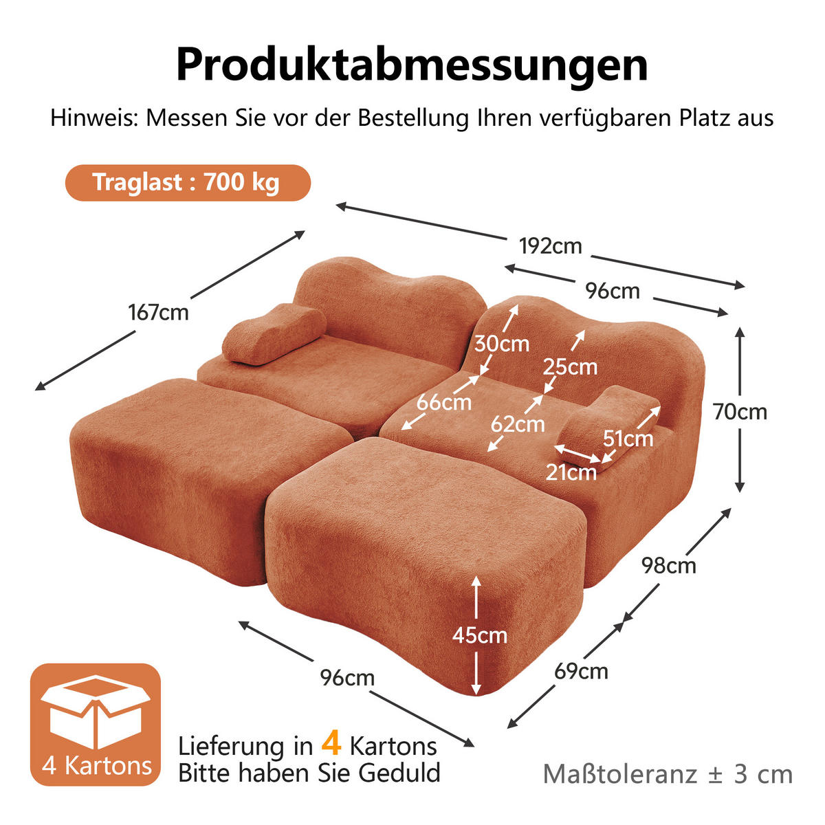 2-SITZER-SOFA DE-34348 mit 2 Ottomans Orange - Orange, Textil (167/70/192cm) - ComfortXL