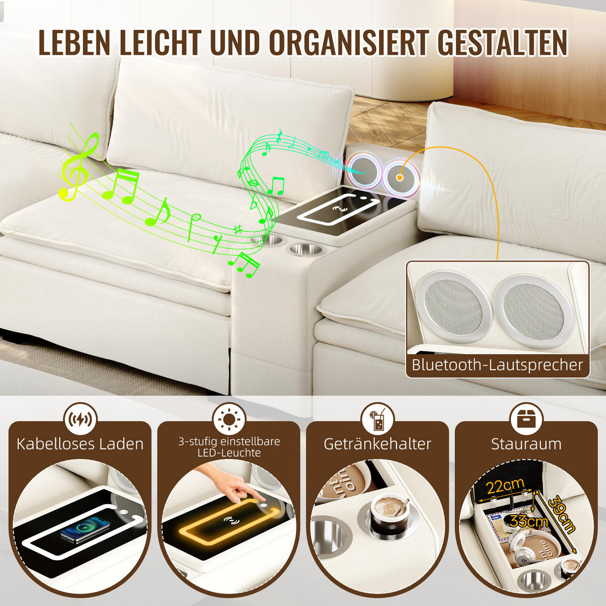 ECKSOFA 315/70/85 cm Beige mit Fußhocker, kabelloses Laden, Lautsprecher, Licht und 2 Getränkehalter - Beige, Textil (315/70cm) - Oxeza