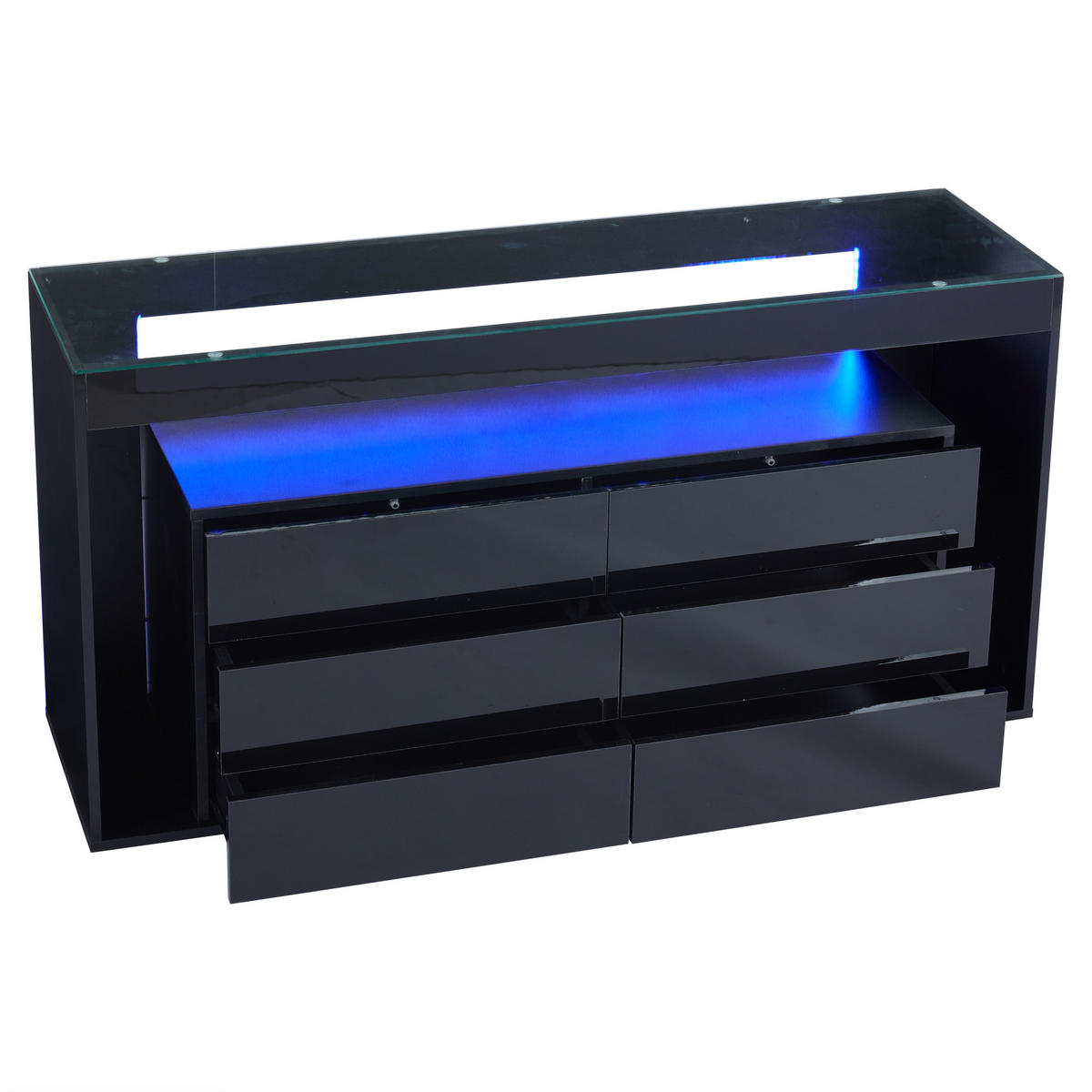 SIDEBOARD aus Spanplatte und gehärtetem Glas 140x40x70 cm Schwarz mit LED-Beleuchtung, 6 Schubladen und viel Stauraum - Schwarz, Holzwerkstoff (140/70/40cm) - Modfu