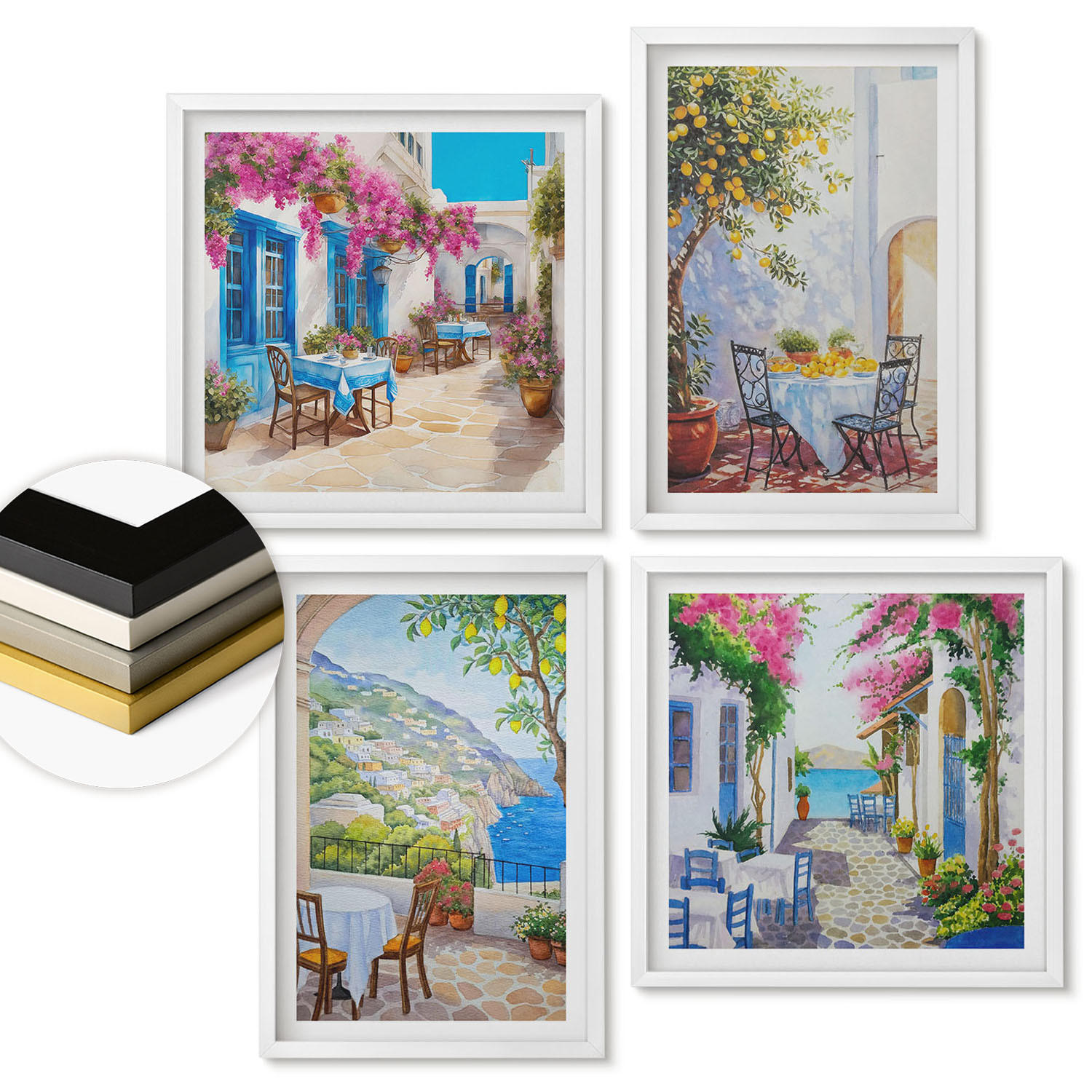 WANDBILDER 4er-Set - 50x50 cm & 40x60 cm Weißer Rahmen - Charmante Straßen mit Pflanzen - Weiß, Kunststoff (50/50cm) - ArtPrintCave