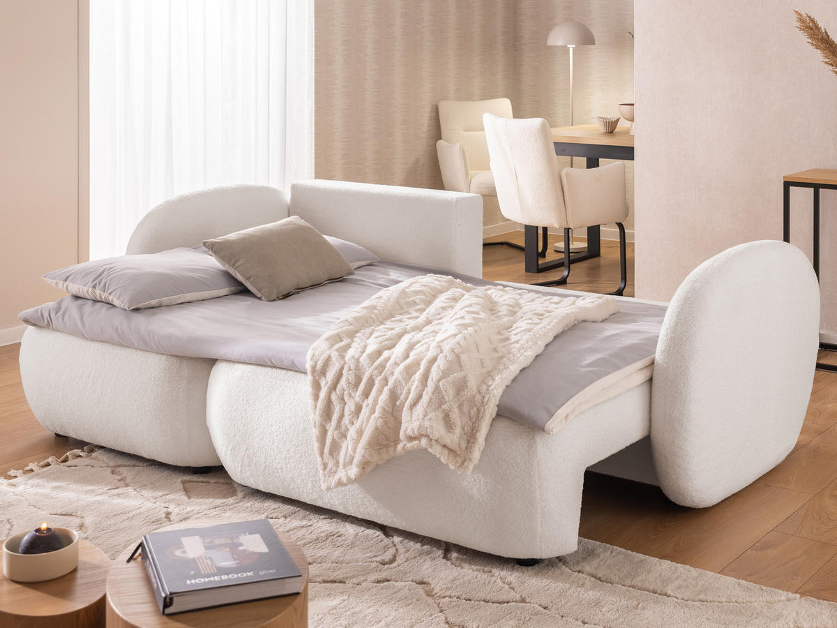 ECKSOFA Candy mit Schlaffunktion Weiß Bouclé-Stoff - Ottomane links - Schwarz/Weiß, Holz/Kunststoff (230/146cm) - S-Style Möbel