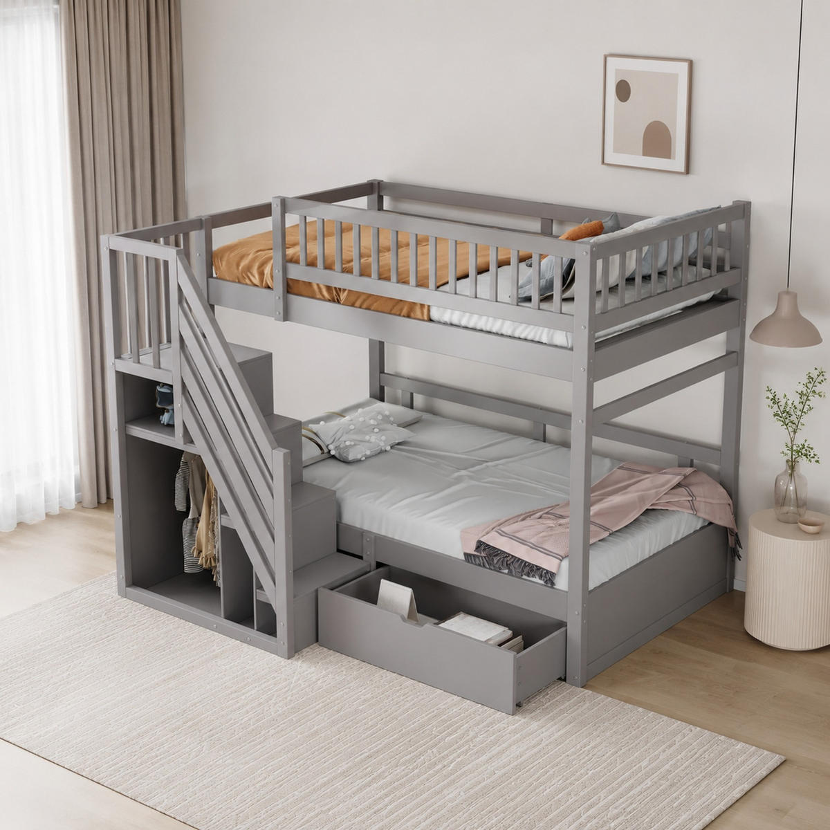 ETAGENBETT 90/200 cm aus Kiefernholz mit Treppe und Stauraum Grau - Grau, Holz (90/200cm) - Modenvie