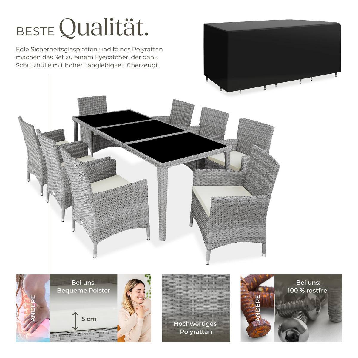 RATTAN SITZGRUPPE Menorca,2 Bezugssets, inklusive Schutzhülle,hellgrau - Hellgrau, Kunststoff - tectake