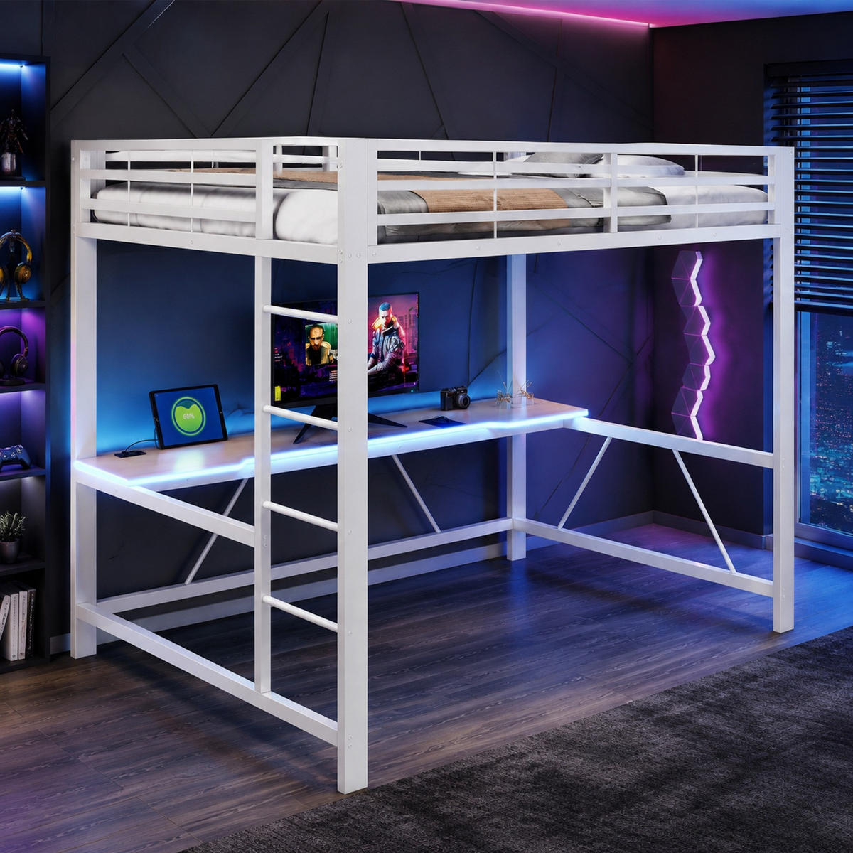HOCHBETT 160/200 mit LED, USB und Schreibtisch in Weiß - Weiß, Holzwerkstoff/Metall (160/200cm) - EVRYAE