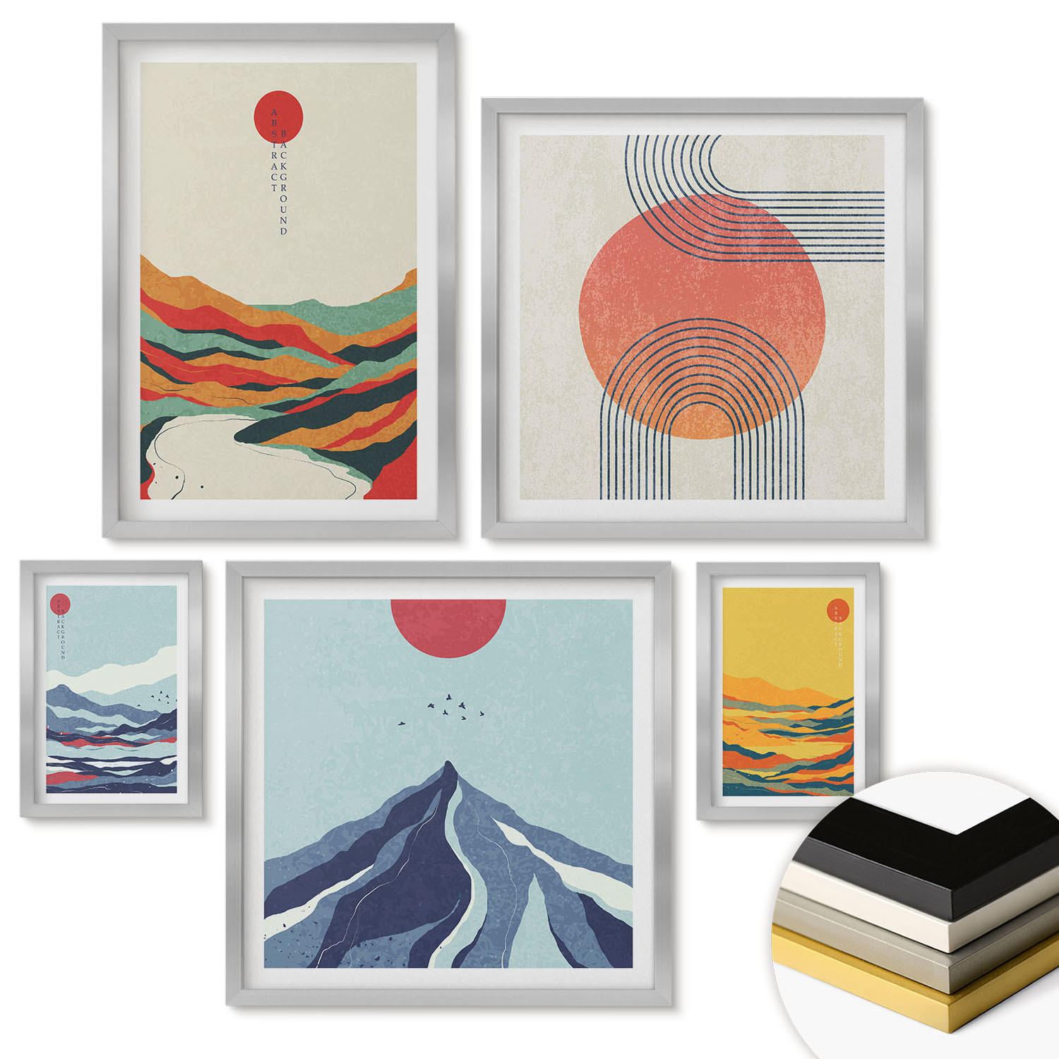 WANDBILDER 5er Set - 50x50 cm & 20x30 cm & 40x60 cm Silberner Rahmen - Pastellfarbene Berge im Japandi-Stil - Silberfarben, Kunststoff (40/60cm) - ArtPrintCave