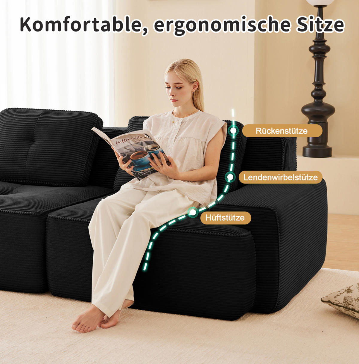 2-SITZER Sofa mit Tiefsitz, geschwungener Rückenlehne, rutschfester Basis und breiten Armlehnen, Schwarz - Schwarz, Textil (204/69/104cm) - Redom