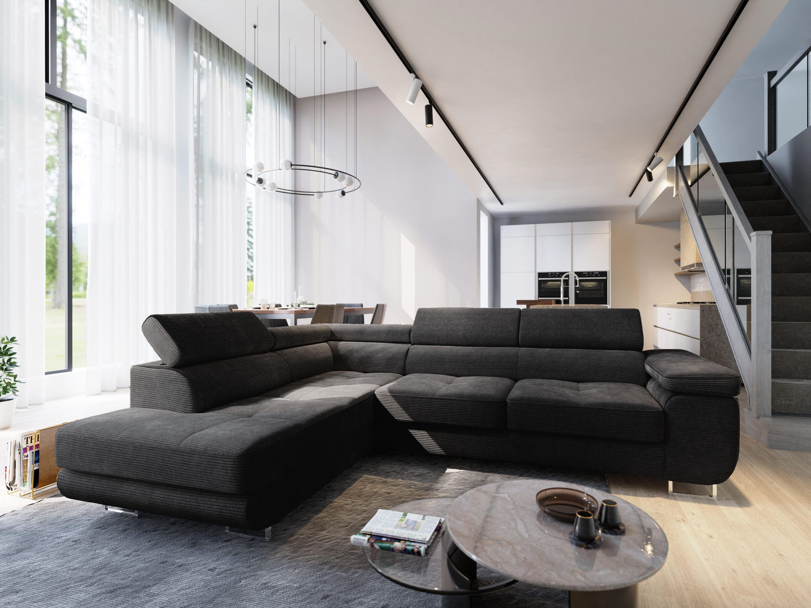 ECKSOFA APIRO L-S Schwarz Kordstoff mit Schlaffunktion - Schwarz, Holz (276/202cm) - MASSENO