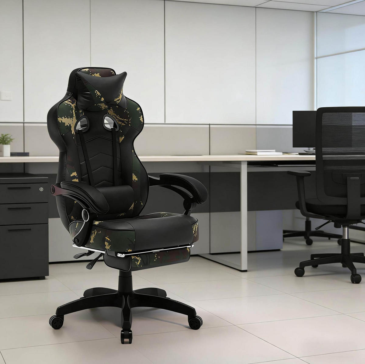 GAMING-STUHL höhenverstellbar mit Fußstütze Kunstleder Schwarz/Grün - Schwarz, Metall (46/128/70cm) - Meubliv