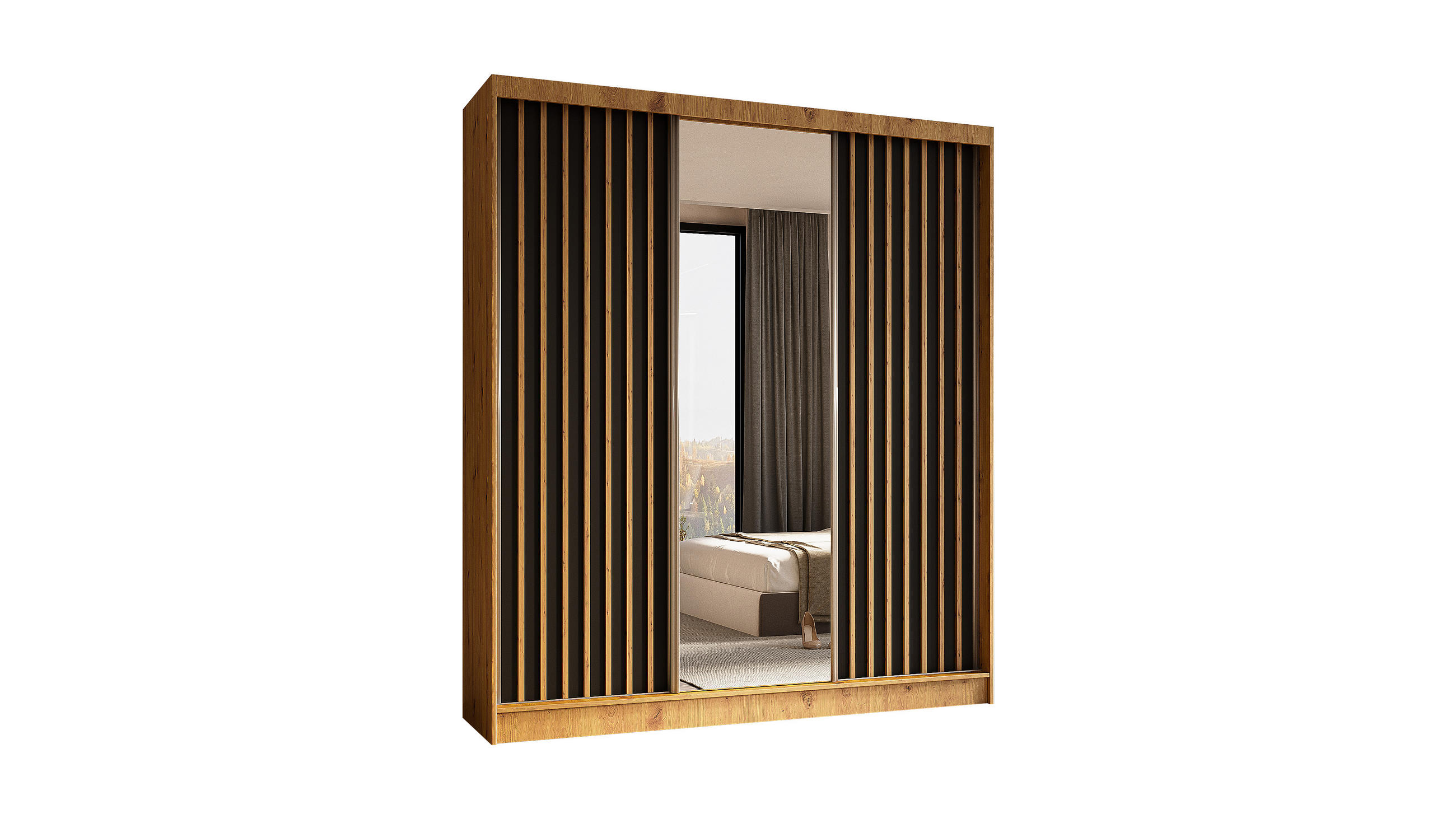 KLEIDERSCHRANK mit Spiegel-Schiebetüren und Aluminium-Leisten - LAMELO - 180 cm Artisan+Schwarz+Artisan - Braun, Holzwerkstoff (180/216/61cm) - ALTDECOR