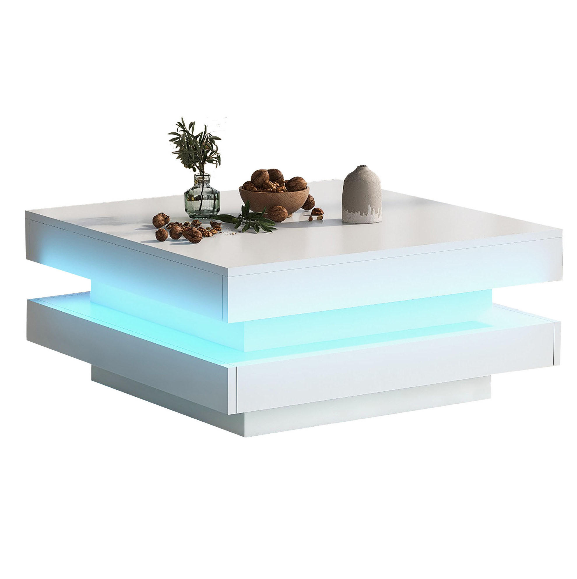 OKWISH KONFERENČNÍ stolek 70/70/36 cm bílý z dřevotřísky s LED osvětlením Bluetooth