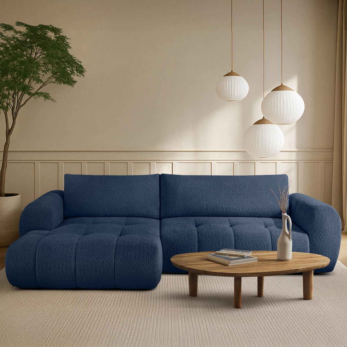 ECKSOFA LINKS LIRA, Dunkelblau, Bouclé - Dunkelblau, Holz/Holzwerkstoff (295/112cm) - KONSIMO®
