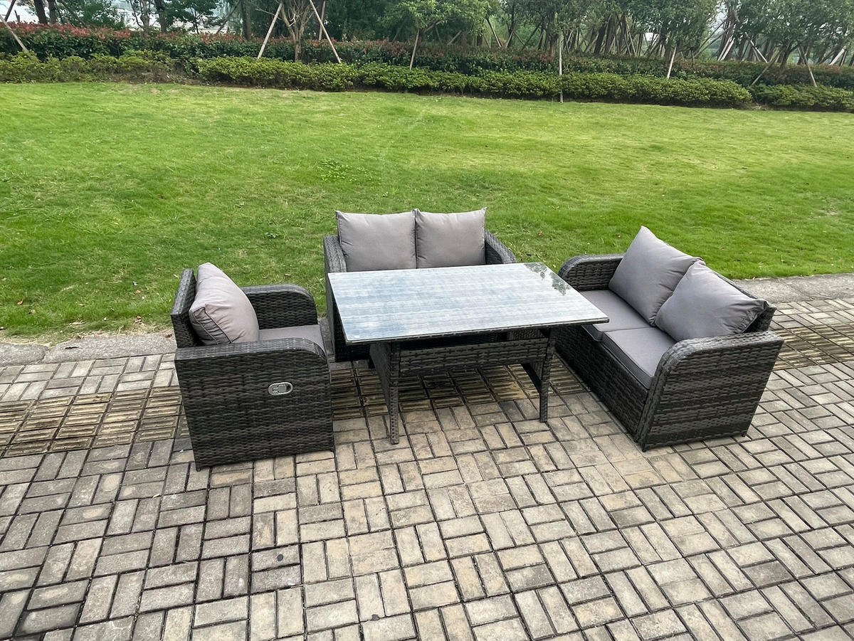 GARTENGARNITUR mit Liegestuhl,Esstisch,2 Hockern Polyrattan Dunkelgrau 5-Sitzer - Dunkelgrau/Grau, Glas/Kunststoff - Fimous