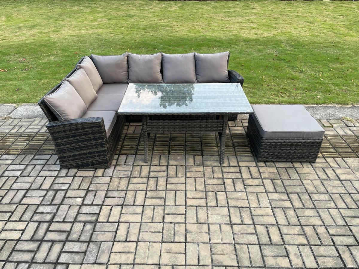 GARTENLOUNGE mit Ecksofa Polyrattan Dunkelgrau 7-Sitzer - Dunkelgrau/Grau, Glas/Kunststoff - Fimous